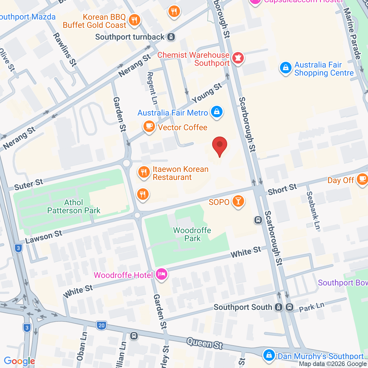 Map of the block around Southport Central, showing the clinic location, the Garden Street car park entry near the roundabout, and the Lawson Street car park entry near Southport Central shopping centre